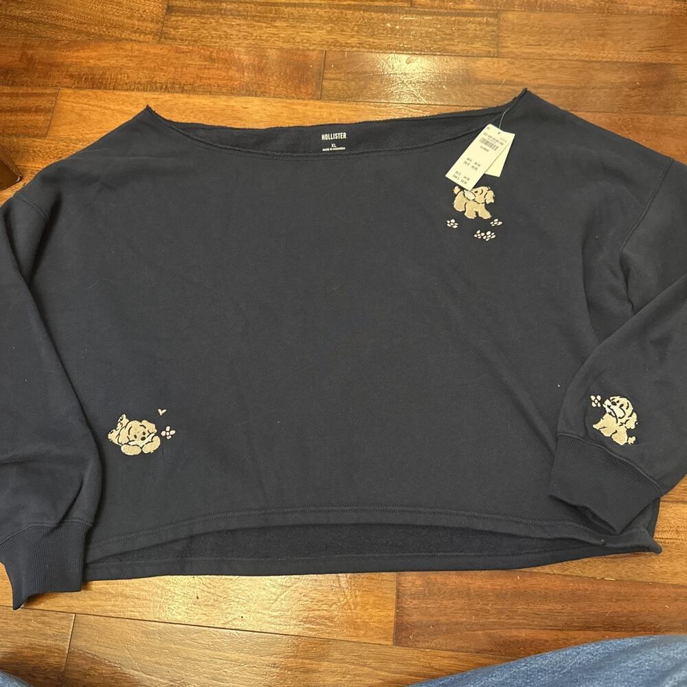 Hollister Sweatshirt Womens Size XL Blue Wear Off The Shoulder Long Sleeve Puppy